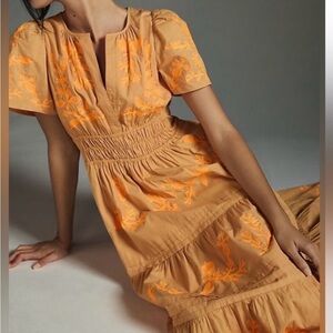Anthropologie Orange Embroidered Midi Dress
